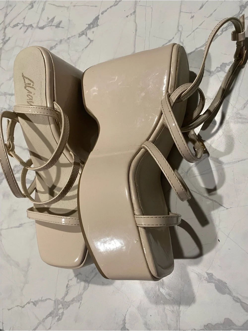 Beige Strappy Platform Wedge Sandals - Women's